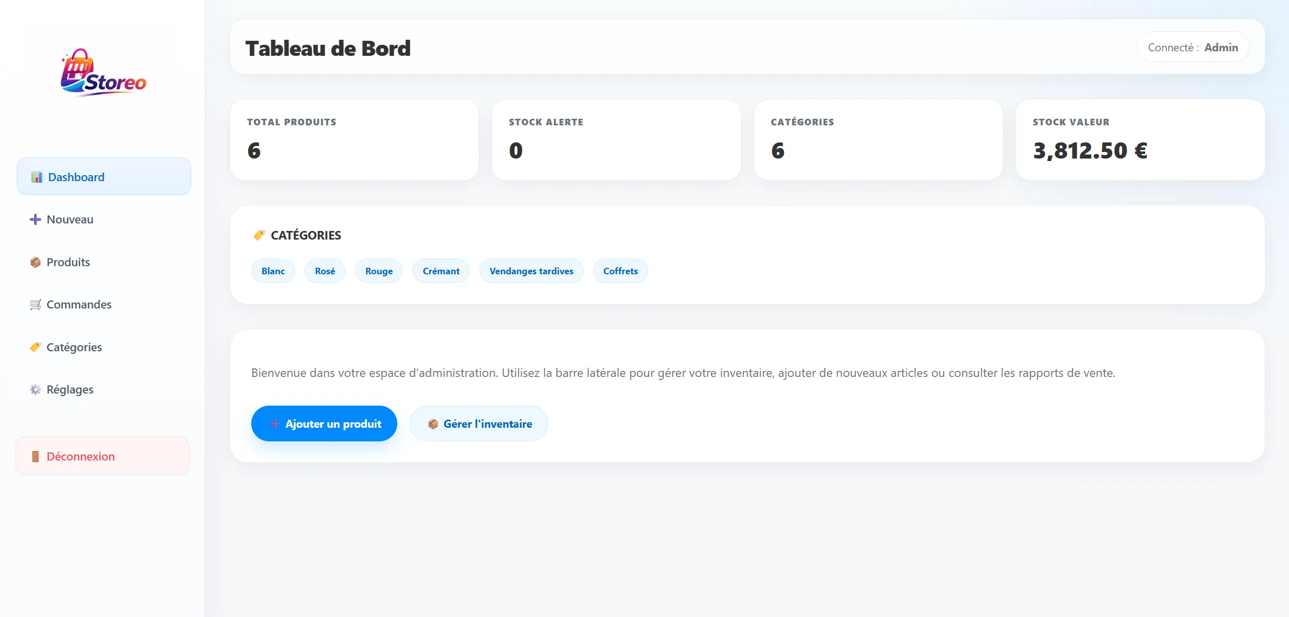 Dashboard du back-office Storeo